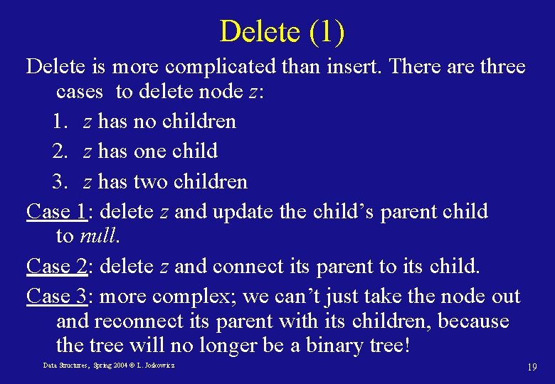 Delete (1) Delete is more complicated than insert. There are three cases to delete Delete (1) Delete is more complicated than insert. There are three cases to delete