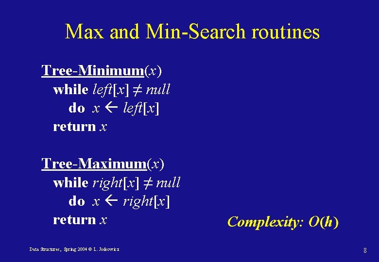 Max and Min-Search routines Tree-Minimum(x) while left[x] ≠ null do x left[x] return x
