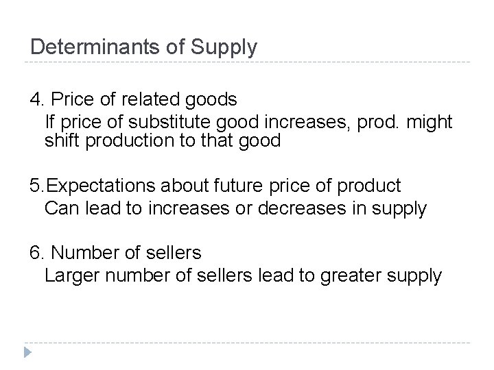 Determinants of Supply 4. Price of related goods If price of substitute good increases,