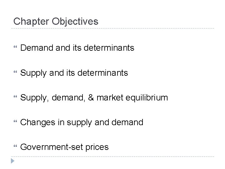 Chapter Objectives Demand its determinants Supply, demand, & market equilibrium Changes in supply and