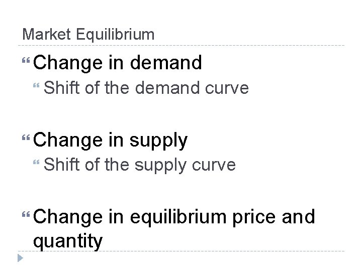 Market Equilibrium Change Shift of the demand curve Change Shift in demand in supply