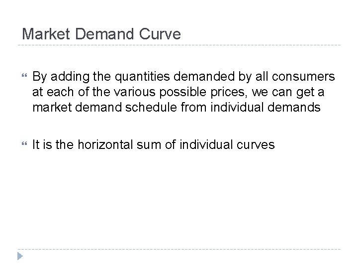 Market Demand Curve By adding the quantities demanded by all consumers at each of