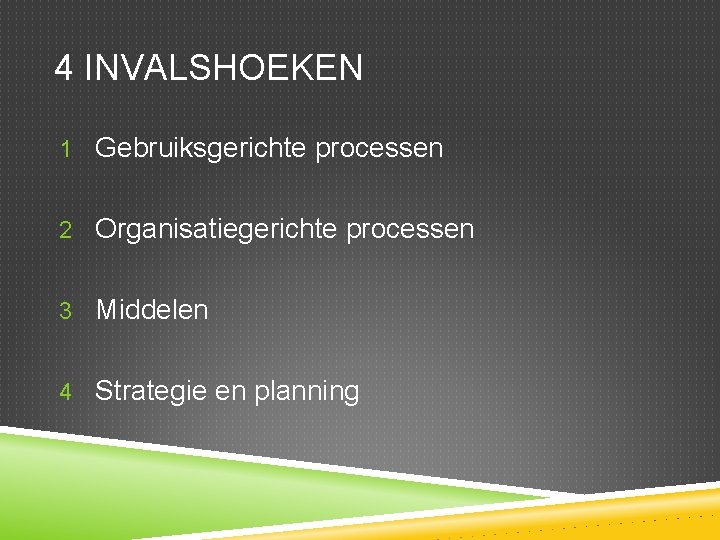 4 INVALSHOEKEN 1 Gebruiksgerichte processen 2 Organisatiegerichte processen 3 Middelen 4 Strategie en planning