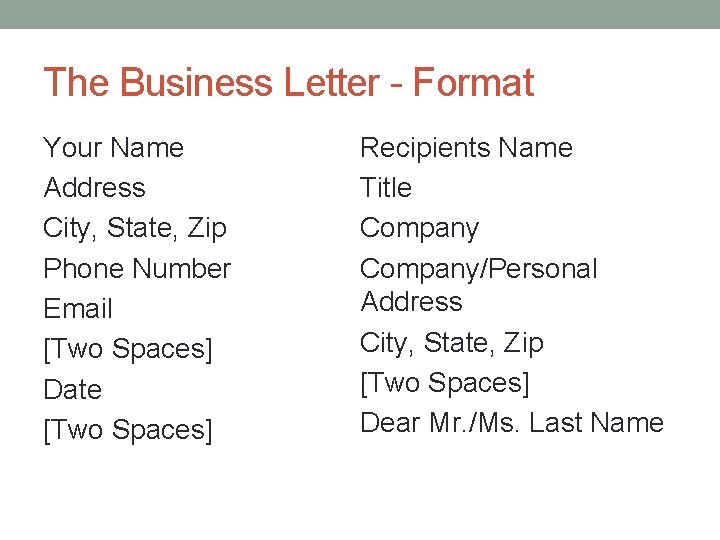 The Business Letter - Format Your Name Address City, State, Zip Phone Number Email