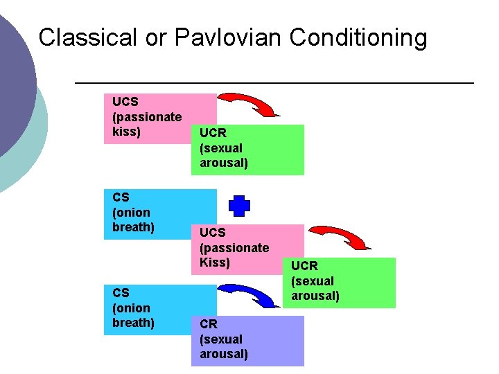 Classical or Pavlovian Conditioning UCS (passionate kiss) CS (onion breath) UCR (sexual arousal) UCS