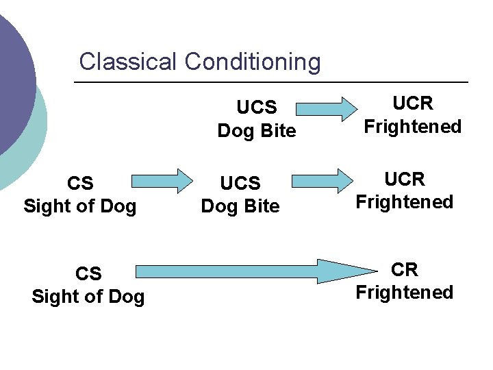 Classical Conditioning UCS Dog Bite CS Sight of Dog UCS Dog Bite UCR Frightened