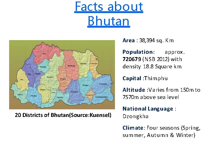 Facts about Bhutan Area : 38, 394 sq. Km Population: approx. 720679 (NSB 2012)