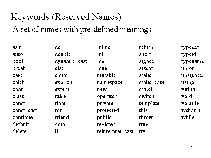 Keywords (Reserved Names) A set of names with pre-defined meanings asm auto bool break Keywords (Reserved Names) A set of names with pre-defined meanings asm auto bool break