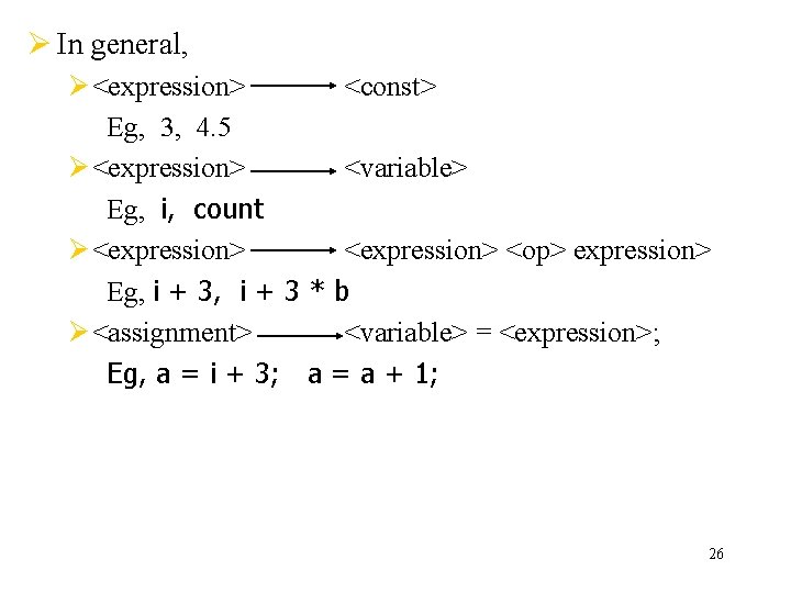 Ø In general, Ø <expression> <const> Eg, 3, 4. 5 Ø <expression> <variable> Eg, Ø In general, Ø <expression> <const> Eg, 3, 4. 5 Ø <expression> <variable> Eg,