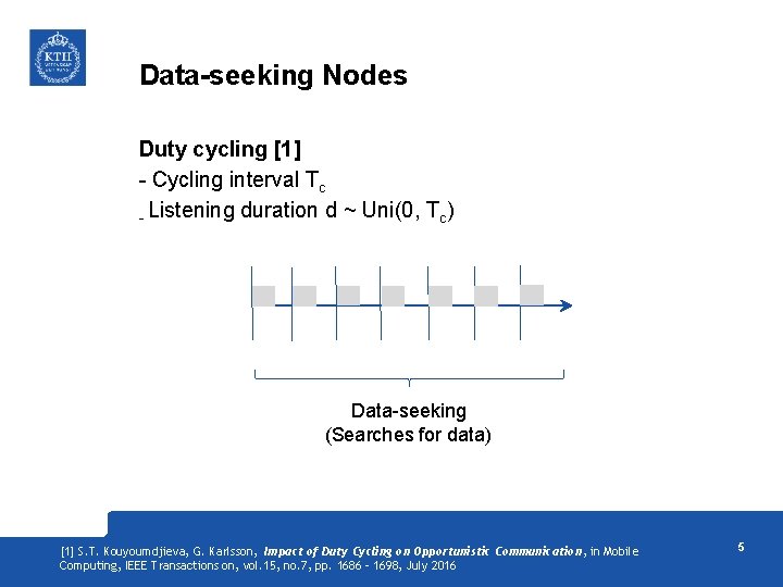 Data-seeking Nodes Duty cycling [1] - Cycling interval Tc - Listening duration d ~