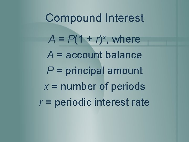 Compound Interest A = P(1 + r)x, where A = account balance P = Compound Interest A = P(1 + r)x, where A = account balance P =