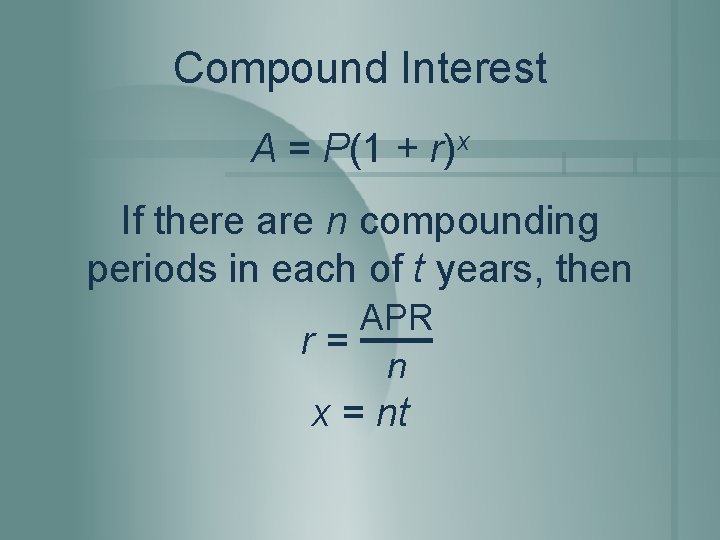Compound Interest A = P(1 + r)x If there are n compounding periods in Compound Interest A = P(1 + r)x If there are n compounding periods in
