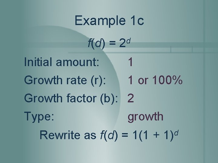 Example 1 c f(d) = 2 d Initial amount: 1 Growth rate (r): 1 Example 1 c f(d) = 2 d Initial amount: 1 Growth rate (r): 1