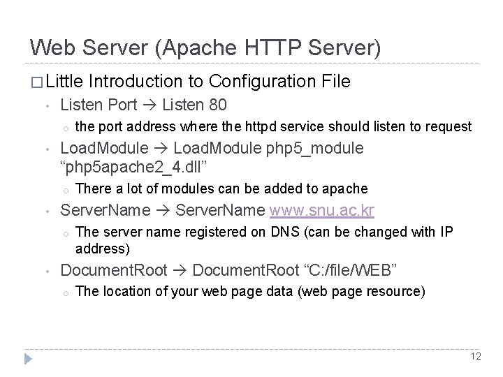 Web Server (Apache HTTP Server) � Little • Listen Port Listen 80 o •