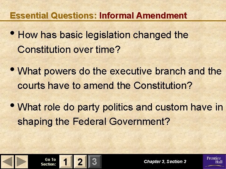 Essential Questions: Informal Amendment • How has basic legislation changed the Constitution over time?