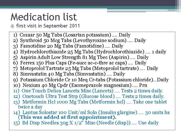 Medication list @ first visit in September 2011 1) Cozaar 50 Mg Tabs (Losartan