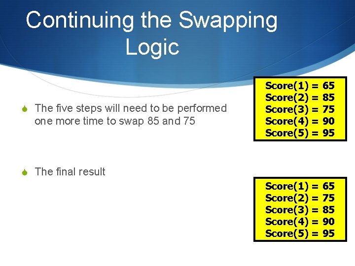 Continuing the Swapping Logic S The five steps will need to be performed one