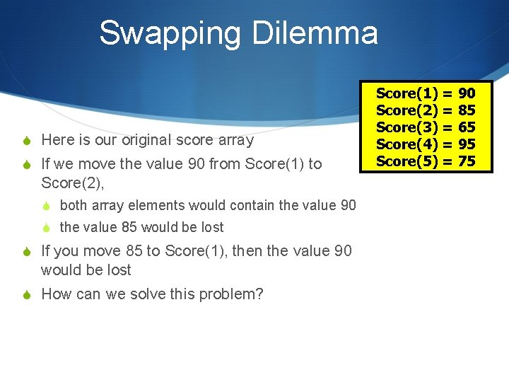 Swapping Dilemma S Here is our original score array S If we move the