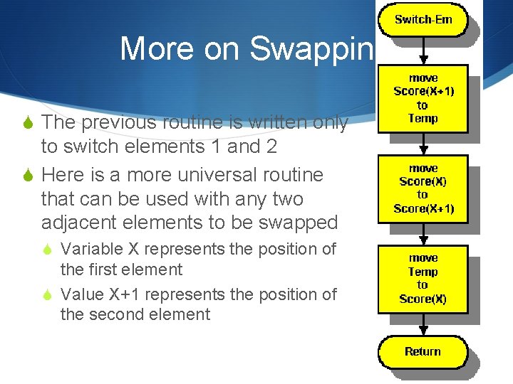 More on Swapping S The previous routine is written only to switch elements 1