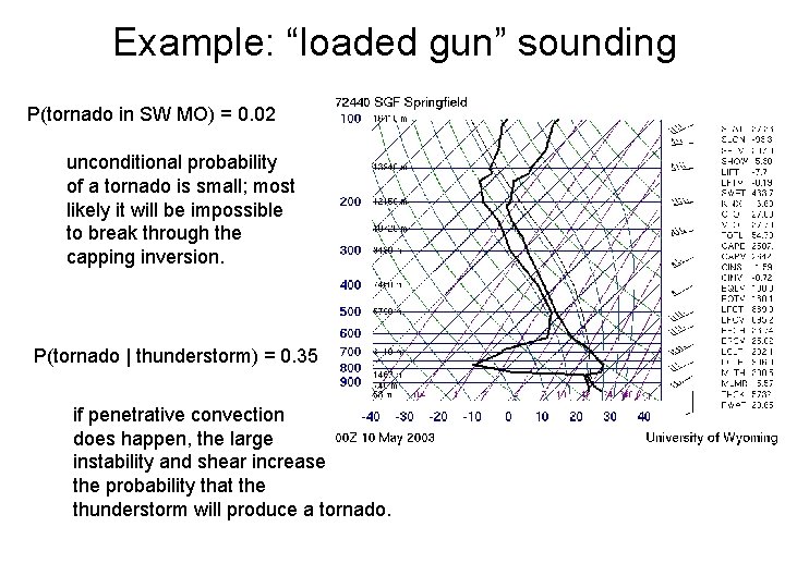 Example: “loaded gun” sounding P(tornado in SW MO) = 0. 02 unconditional probability of Example: “loaded gun” sounding P(tornado in SW MO) = 0. 02 unconditional probability of