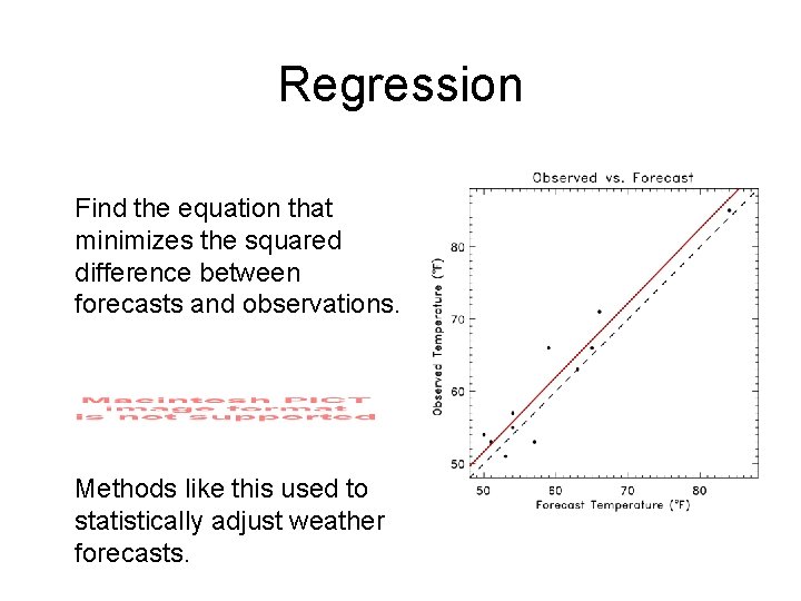Regression Find the equation that minimizes the squared difference between forecasts and observations. Methods Regression Find the equation that minimizes the squared difference between forecasts and observations. Methods