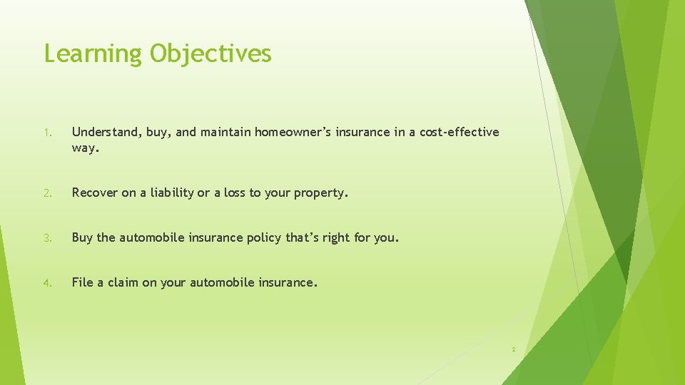 Learning Objectives 1. Understand, buy, and maintain homeowner’s insurance in a cost-effective way. 2.