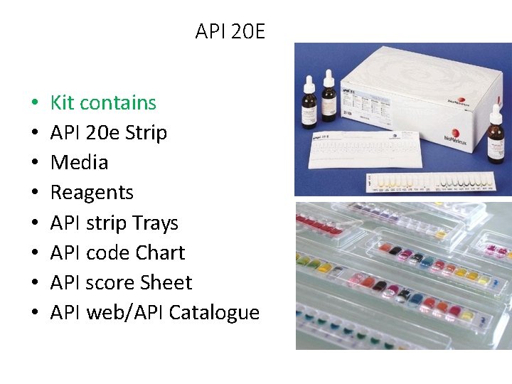 API 20 E • • Kit contains API 20 e Strip Media Reagents API