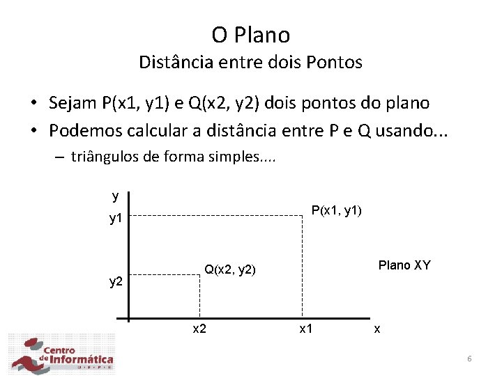 O Plano Distância entre dois Pontos • Sejam P(x 1, y 1) e Q(x