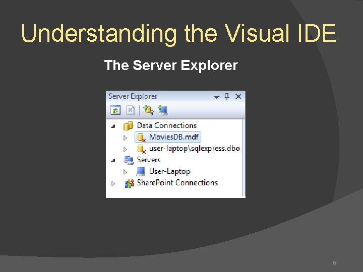 Understanding the Visual IDE The Server Explorer 8 