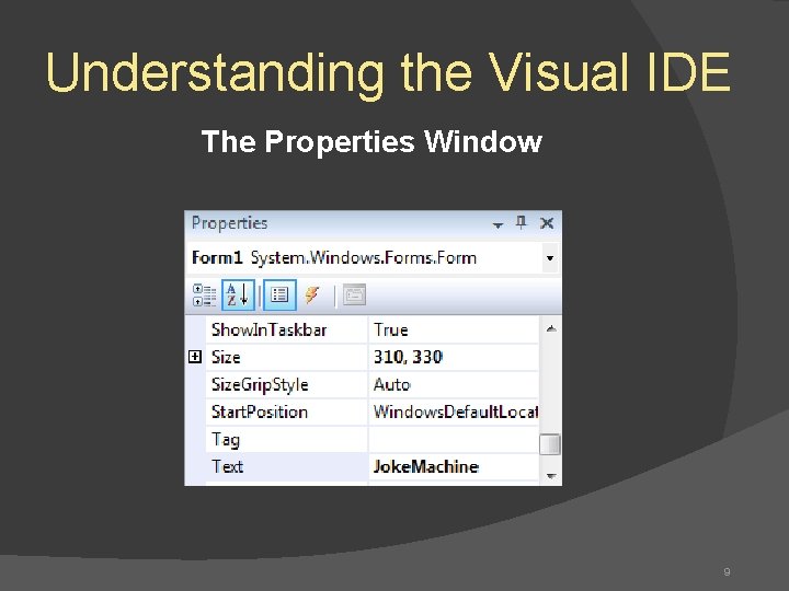 Understanding the Visual IDE The Properties Window 9 