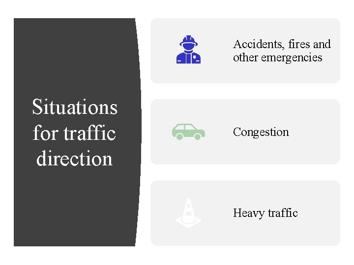 Accidents, fires and other emergencies Situations for traffic direction Congestion Heavy traffic 