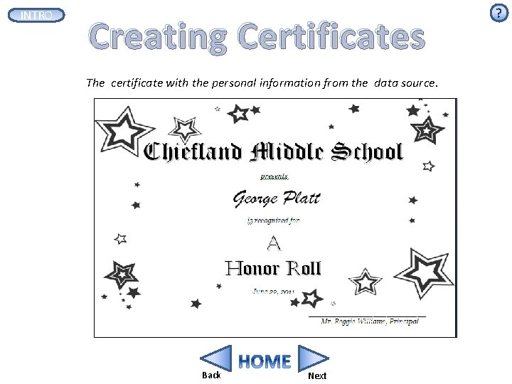 INTRO Creating Certificates The certificate with the personal information from the data source. Back