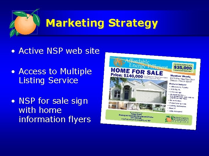 Marketing Strategy • Active NSP web site • Access to Multiple Listing Service •