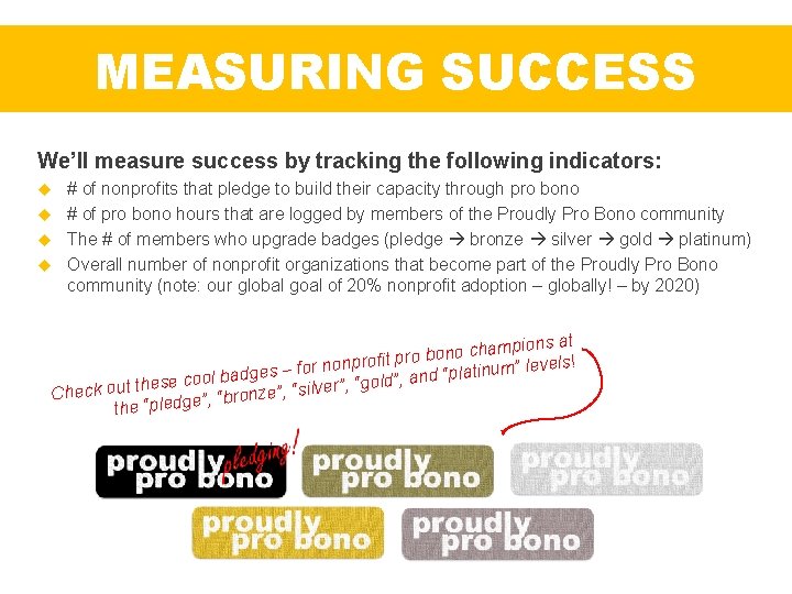 MEASURING SUCCESS We’ll measure success by tracking the following indicators: # of nonprofits that