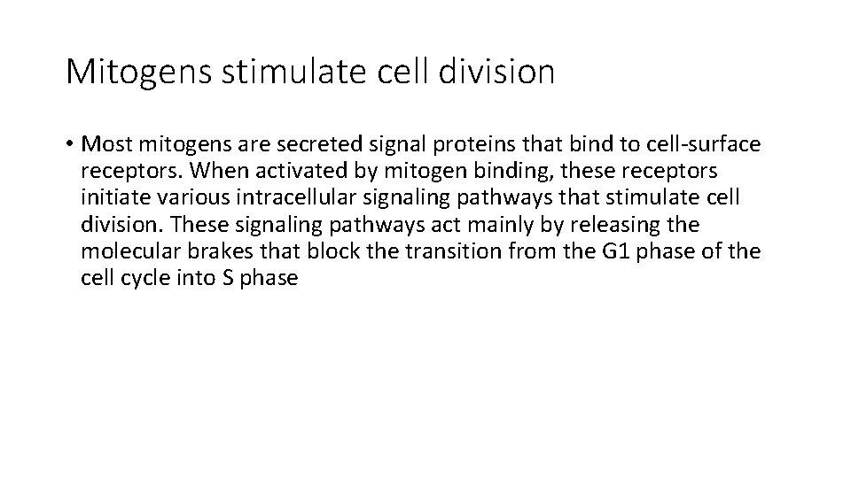 Mitogens stimulate cell division • Most mitogens are secreted signal proteins that bind to
