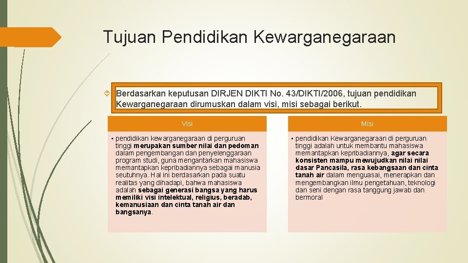 Tujuan Pendidikan Kewarganegaraan Berdasarkan keputusan DIRJEN DIKTI No. 43/DIKTI/2006, tujuan pendidikan Kewarganegaraan dirumuskan dalam