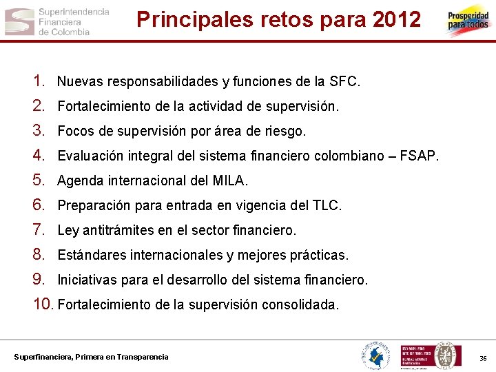 Principales retos para 2012 1. Nuevas responsabilidades y funciones de la SFC. 2. Fortalecimiento