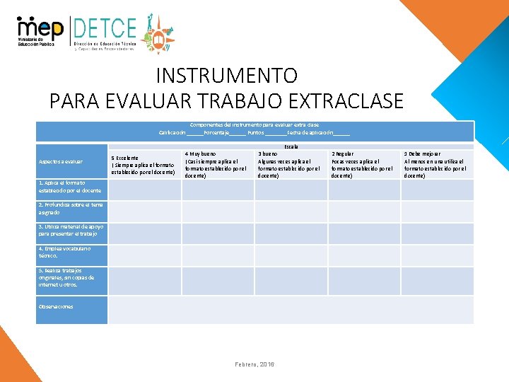 INSTRUMENTO PARA EVALUAR TRABAJO EXTRACLASE Componentes del instrumento para evaluar extra clase Calificación ______Porcentaje______