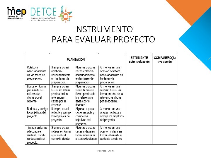 INSTRUMENTO PARA EVALUAR PROYECTO Febrero, 2016 