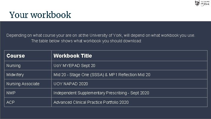 Your workbook Depending on what course your are on at the University of York,