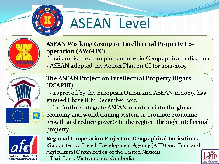 ASEAN Level ASEAN Working Group on Intellectual Property Cooperation (AWGIPC) -Thailand is the champion