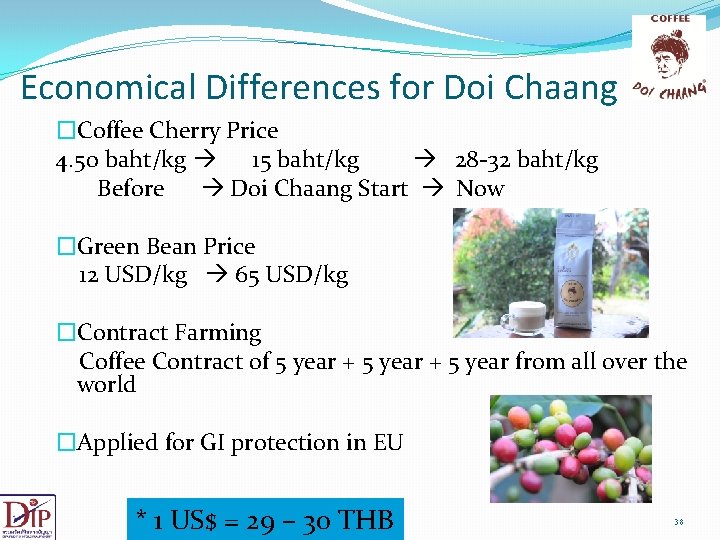 Economical Differences for Doi Chaang �Coffee Cherry Price 4. 50 baht/kg 15 baht/kg 28