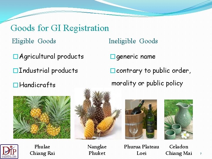 Goods for GI Registration Eligible Goods Ineligible Goods �Agricultural products �generic name �Industrial products