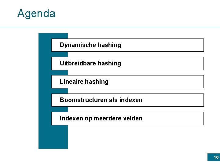 Agenda Dynamische hashing Uitbreidbare hashing Lineaire hashing Boomstructuren als indexen Indexen op meerdere velden