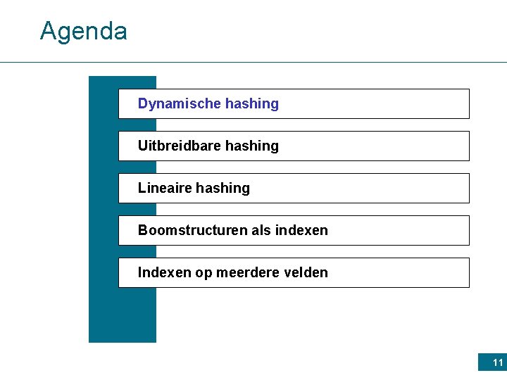 Agenda Dynamische hashing Uitbreidbare hashing Lineaire hashing Boomstructuren als indexen Indexen op meerdere velden