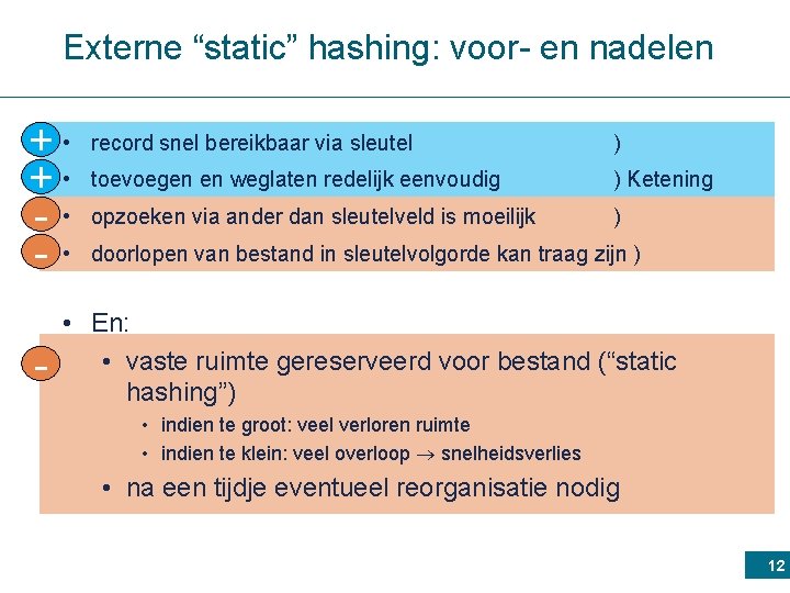 Externe “static” hashing: voor- en nadelen + • - • - record snel bereikbaar