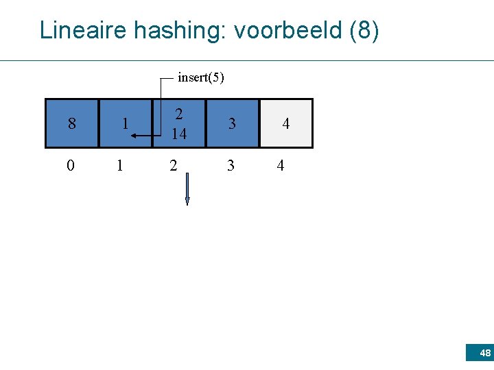 Lineaire hashing: voorbeeld (8) insert(5) 8 0 1 1 1 5 1 2 14