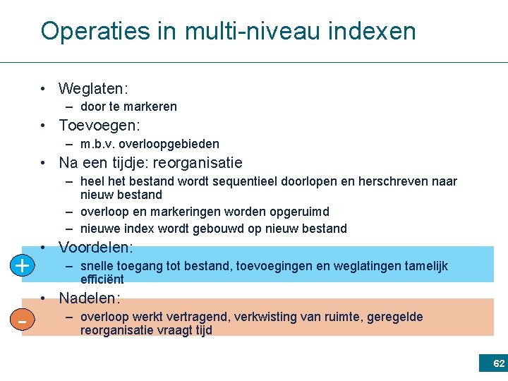 Operaties in multi-niveau indexen • Weglaten: – door te markeren • Toevoegen: – m.