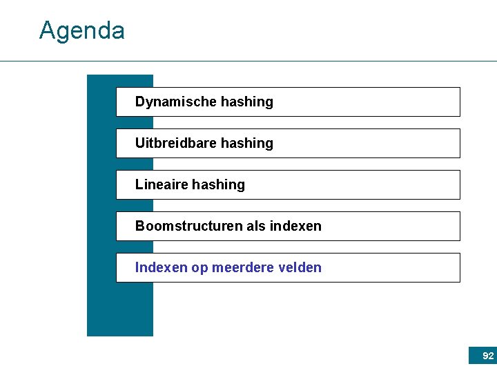 Agenda Dynamische hashing Uitbreidbare hashing Lineaire hashing Boomstructuren als indexen Indexen op meerdere velden