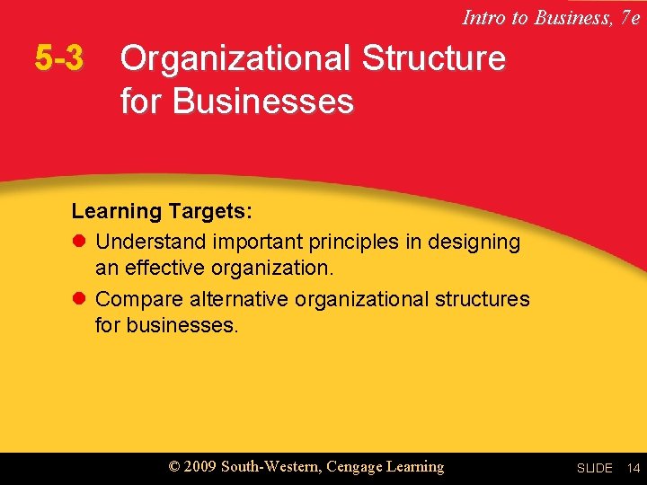 Intro to Business, 7 e 5 -3 Organizational Structure for Businesses Learning Targets: l